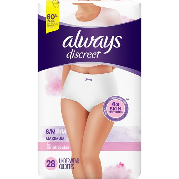 Always Discreet for Sensitive Skin Underwear, Hypoallergenic, Dermatologically Tested, Fragrance Free, Maximum Absorbency, S/M, 28 CT