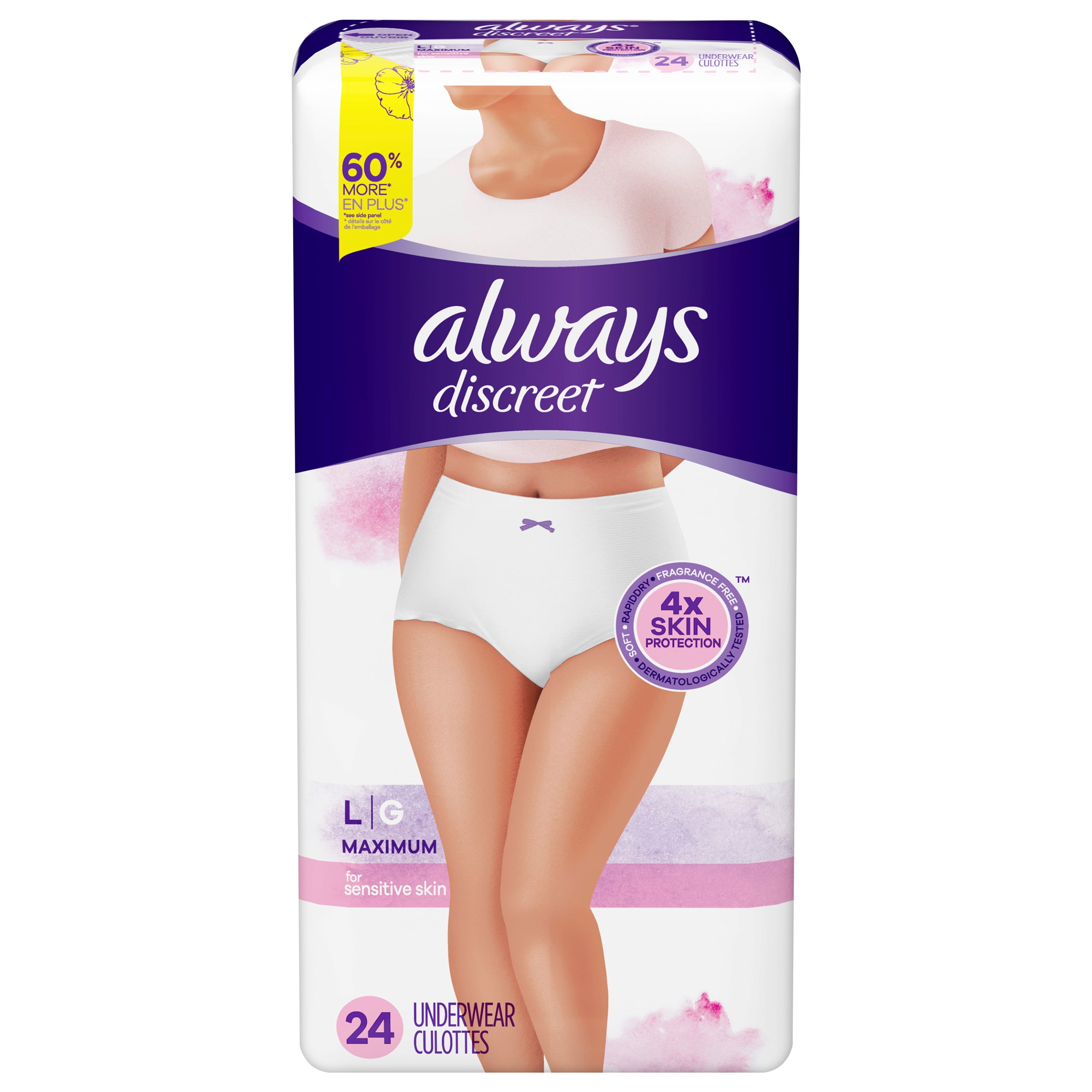 Always Discreet for Sensitive Skin Underwear Womens Size Large 24CT White