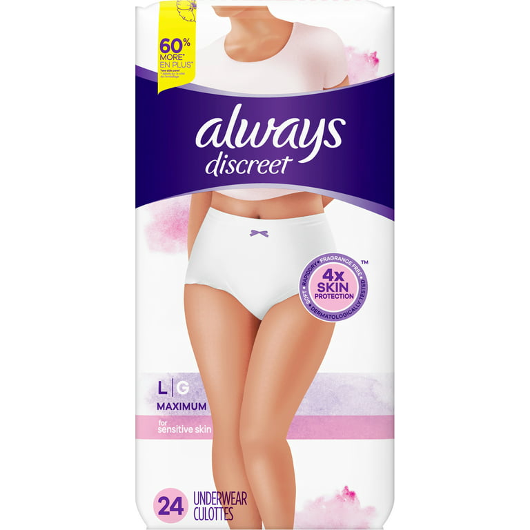 Always Discreet for Sensitive Skin Underwear Womens Size Large 24CT White 