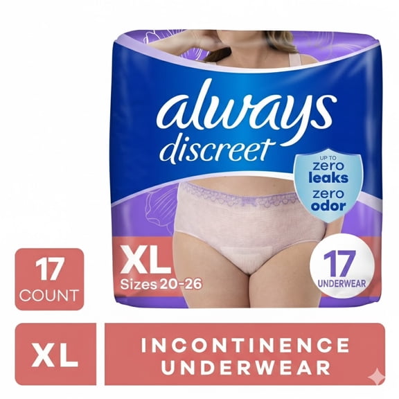 Always Discreet incontinence and postpartum underwear for Women, XL, 17 Count