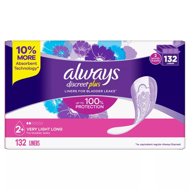 Always Discreet plus Incontinence Liners for Women, Very Light Absorbency, Long Length (132 ct