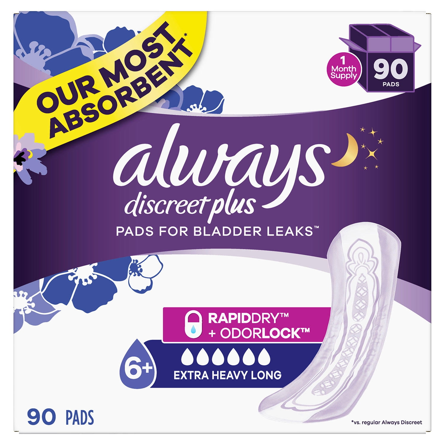 Always Discreet Plus Incontinence Pads, Extra Heavy Absorbency, Long Length (90 ct.), Size: 6+
