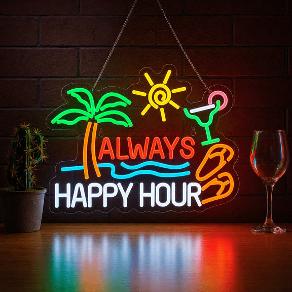 Always Happy Hour Beer Bar Neon Sign For Wall Decor Dimmableb Led Light Home Tiki Man Cave Parties Gift