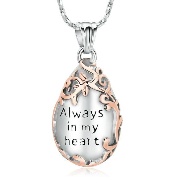 Always In My Heart - Teardrop Urn Necklace for Ashes With Flower Decorative Design Cremation Jewelry for Ashes Flower Urn Necklace w/Funnel Filler Memorial Keepsake Jewelry for Women