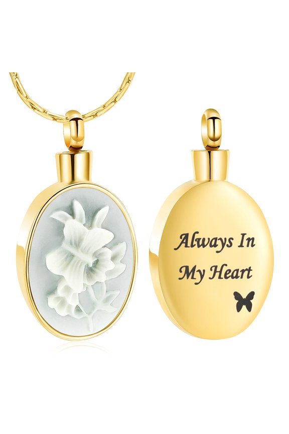 Always in My Heart - Zircon Butterfly Flowers Relief Urn Pendant Cremation Jewelry for Ashes Holder Memory Necklace Human Pet Memorial Jewelry Women Man Elegant Beautiful Ash Urn Necklace