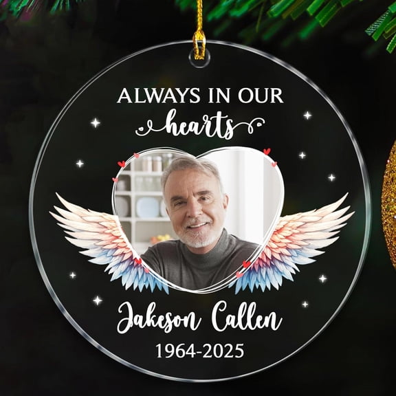 Always in Our Hearts Ornament Christmas 2025, Name & Photo Angel Wings in Heaven Xmas Ornament Gift for Loss of Loved One, Remembrance Ornaments Keepsake, Memorial Ornaments