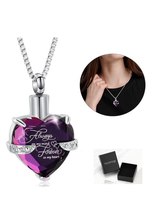 Always In My Heart - Crystal Heart Urn Necklace for Ashes Cremation Jewelry Birthstone Heart Keepsake Cremation Urn Jewelry