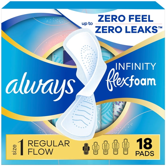 Always Infinity Feminine Pads, Size 1 Regular, with Wings, Unscented, 18 Count