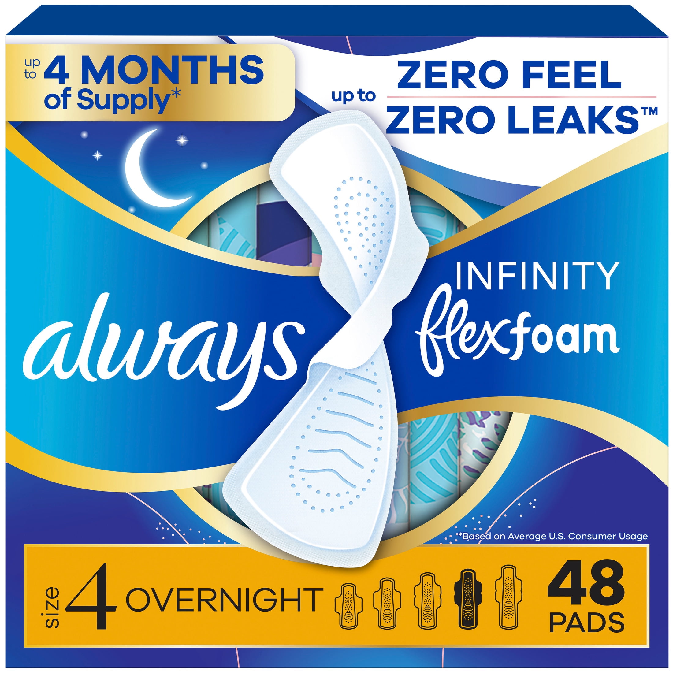 Always Infinity FlexFoam Pads, Size 4, Overnight, Wings, Unscented, 48 Count