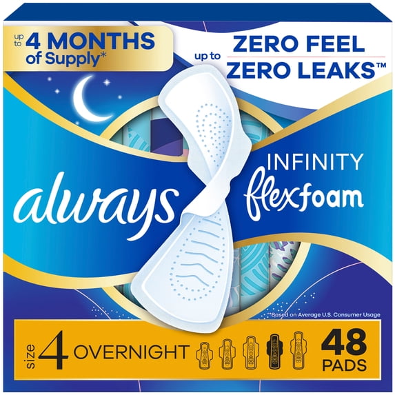 Always Infinity FlexFoam Pads, Size 4, Overnight, Wings, Unscented, 48 Count