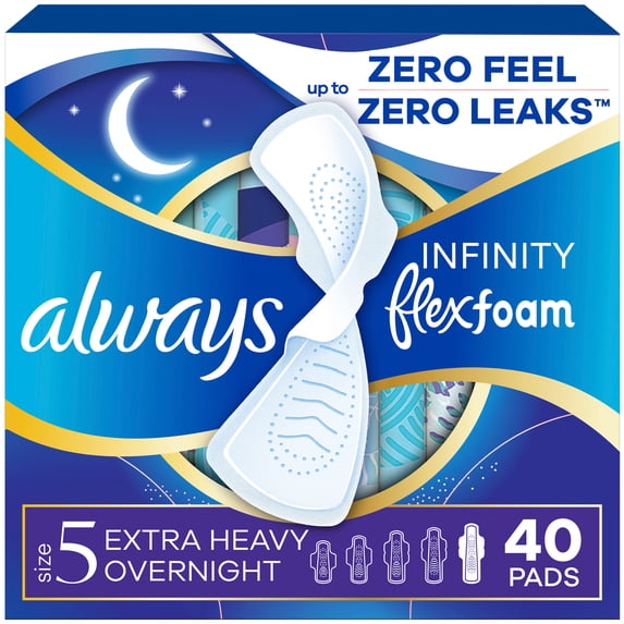 Always Infinity FlexFoam Pads, Size 5, Extra Heavy Overnight, Wings, Unscented, 40 Count