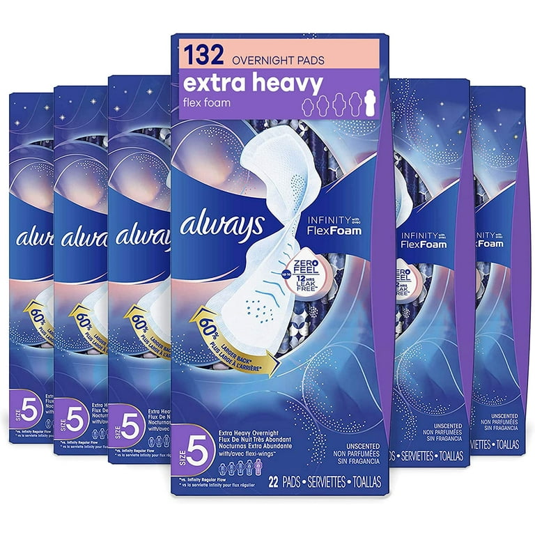 Always Infinity Feminine Pads for Women, Size 5, Extra Heavy Overnight  Absorbency, with Wings, Unscented, 22 Count - Pack of 6 (132 Count Total)