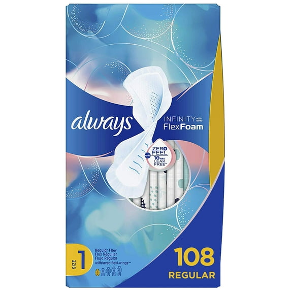 Always Infinity Feminine Pads for Women, Size 1, 108 Count, Regular Absorbency, with Wings, Unscented (36 Count, Pack of 3-108 Count Total)