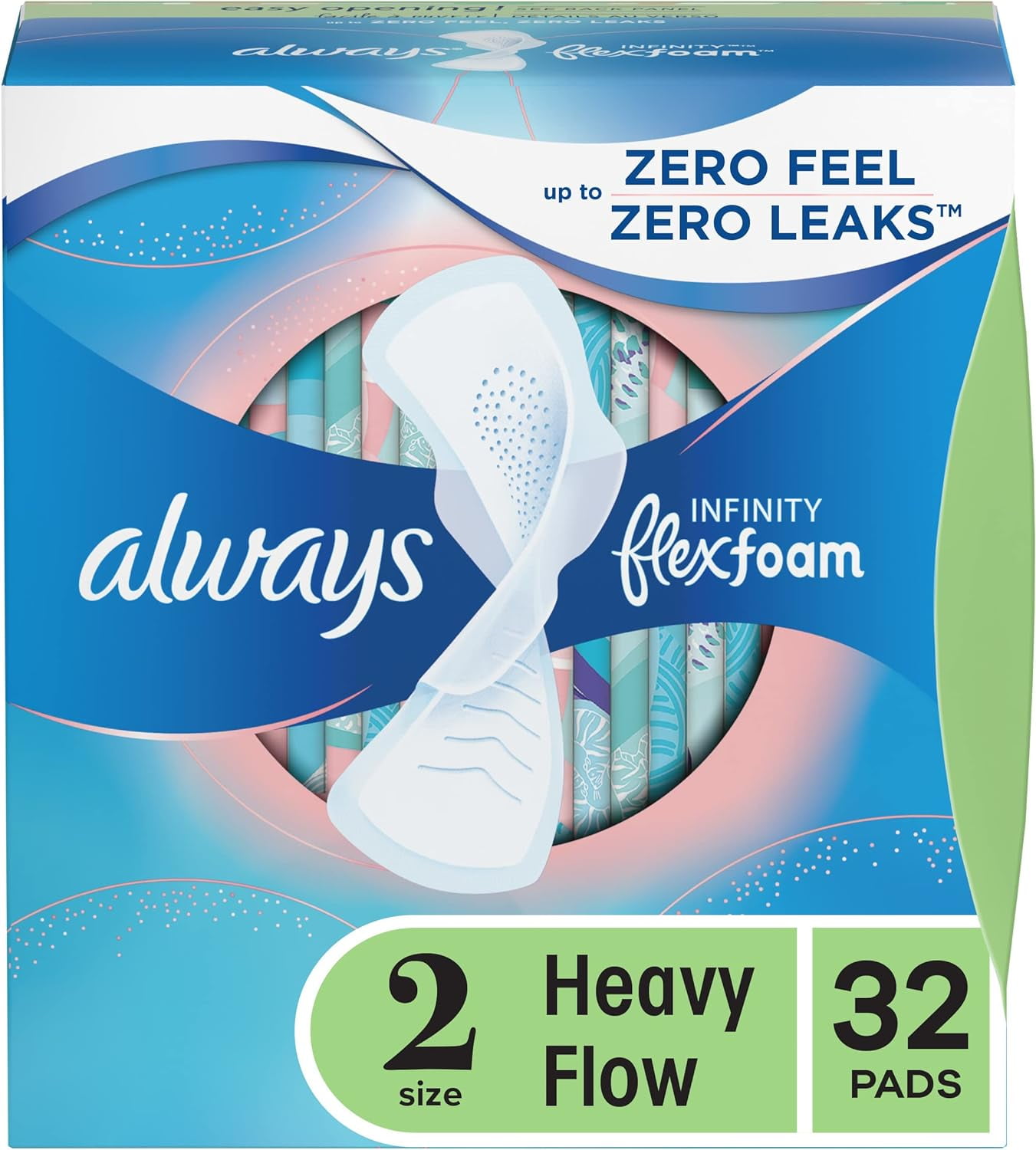 Always Infinity Feminine Pads for Women, Size 2, Heavy Flow Absorbency, with Wings, Unscented, 32 Count (Pack of 2)
