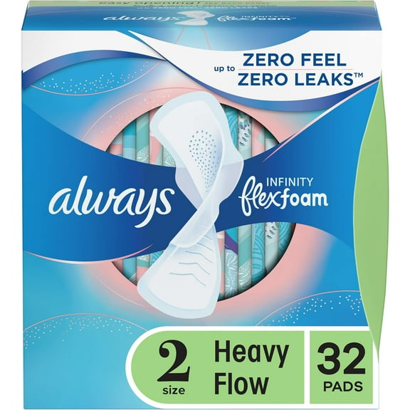 Always Infinity Feminine Pads for Women, Size 2, Heavy Flow Absorbency, with Wings, Unscented, 32 Count (Pack of 2)