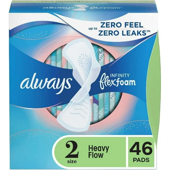 Always Infinity Feminine Pads for Women, Size 2 Regular, with wings, unscented, 46 Count