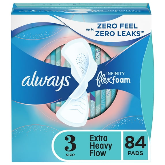 Always Infinity Feminine Pads for Women, Size 3, Extra Heavy Flow, with Wings, Unscented, 84 Ct