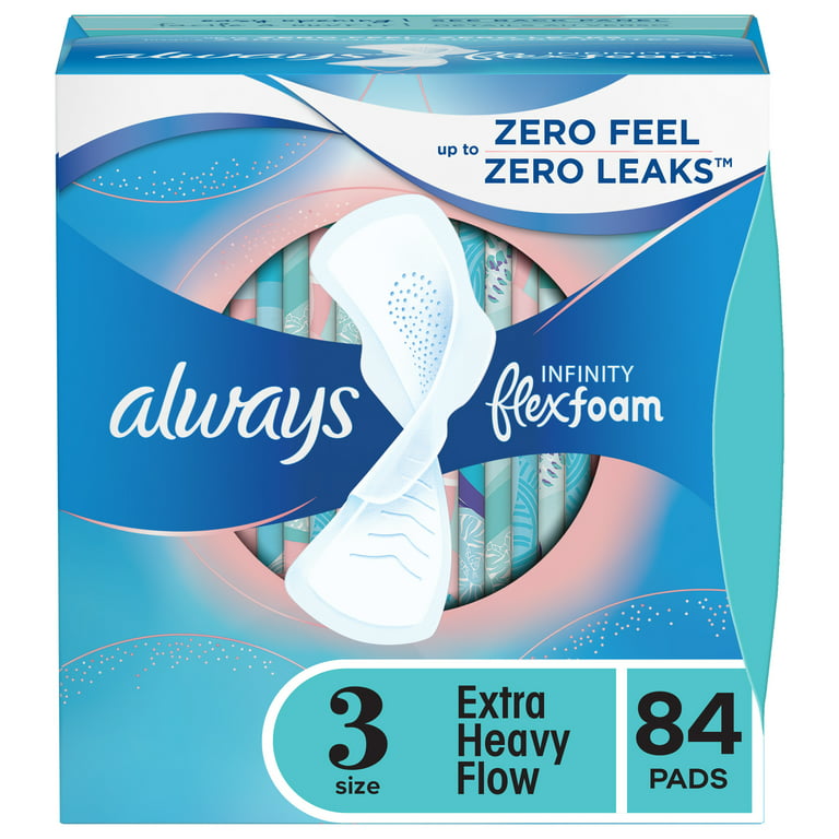 Always Infinity Feminine Pads for Women, Size 3, Extra Heavy Flow, with  Wings, Unscented, 84 Ct