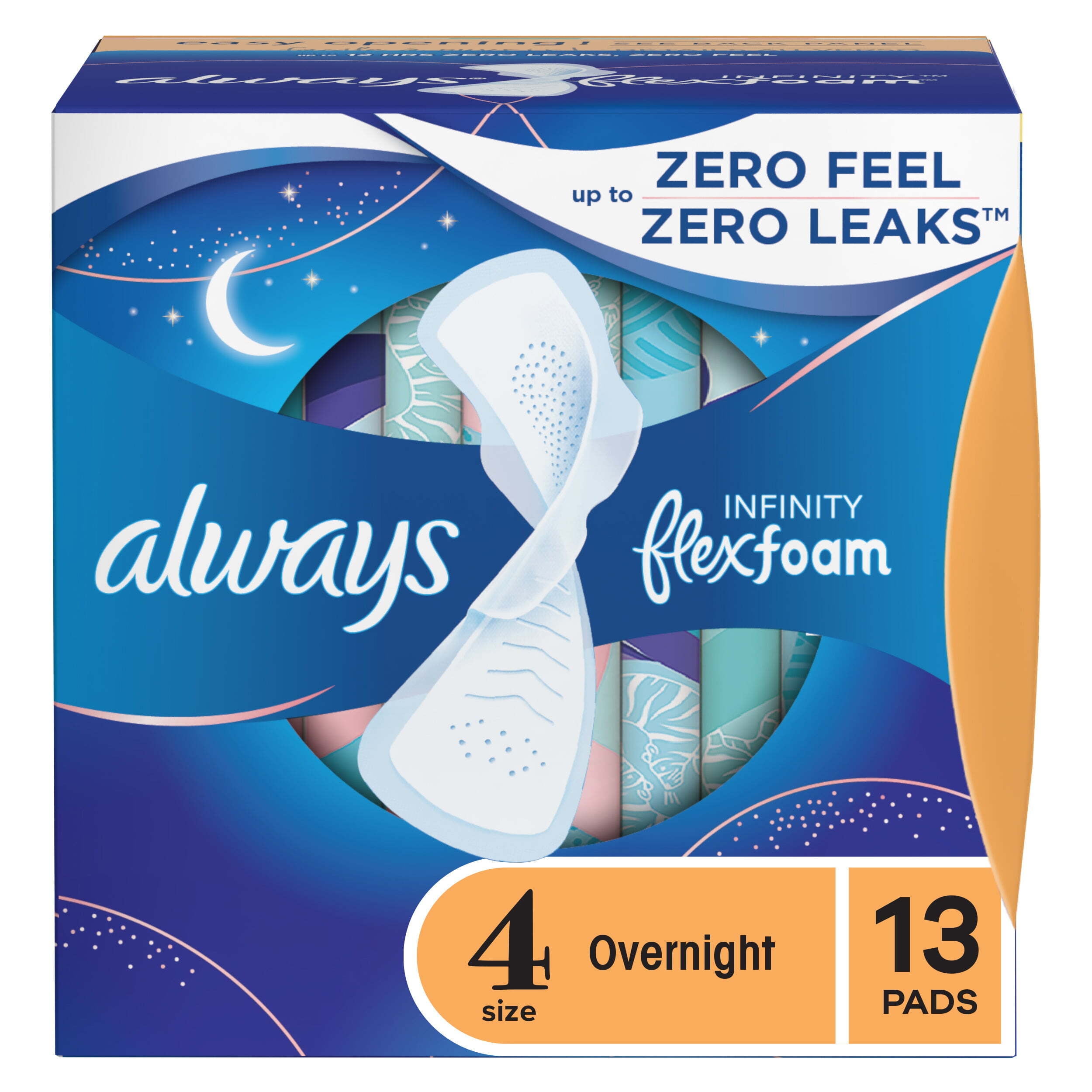 Always Infinity Overnight Pads with Wings, Unscented, Size 4, 26 Ct