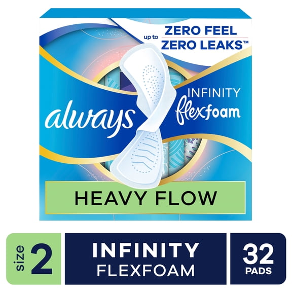 Always Pads, Always Infinity FlexFoam Pads for Women, Size 2, Heavy Pad with Wings, Unscented, 32 Count
