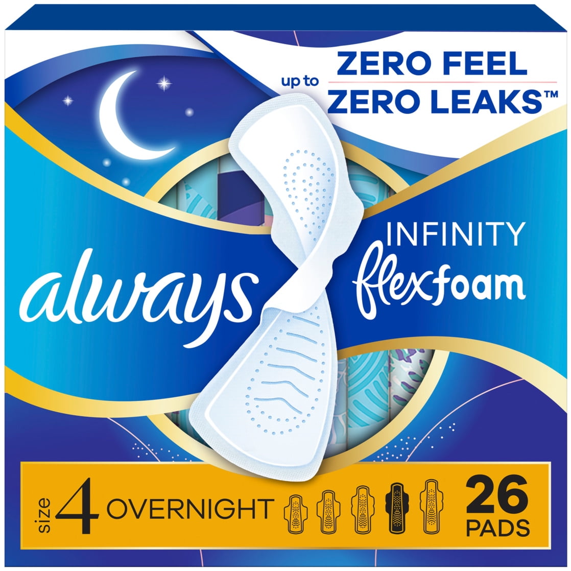 Always Infinity Feminine Pads, Size 4, Overnight, Wings, Unscented, 26 Count