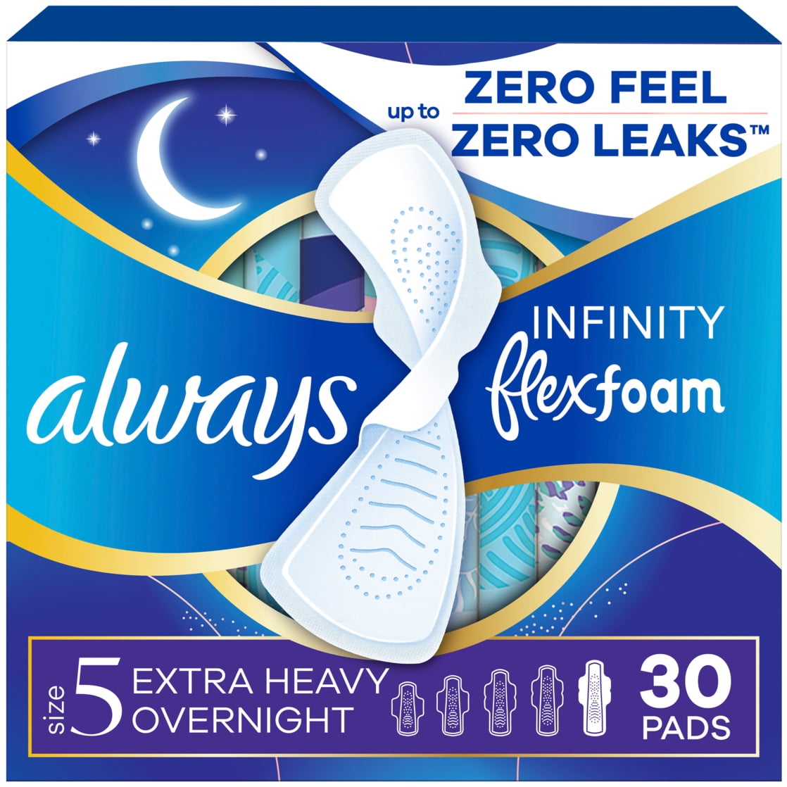 Always Infinity Feminine Pads, Size 5, Extra Heavy Overnight, Wings, Unscented, 30 Count