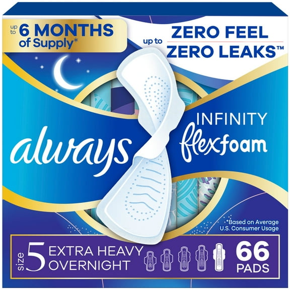 Always Infinity with FlexFoam Pads, Size 5, Extra Heavy Overnight, with Wings, Unscented, 66 CT