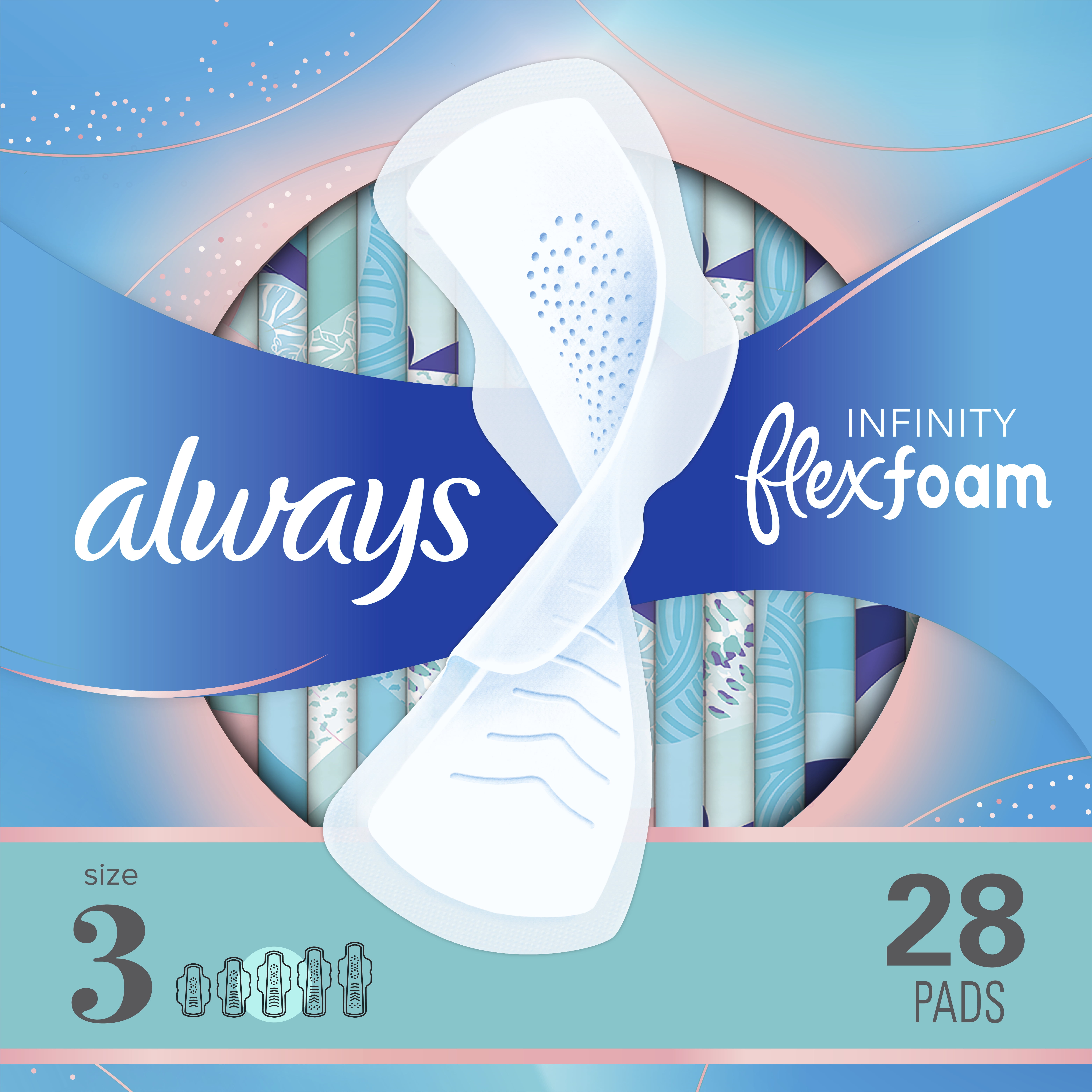 Always Infinity Feminine Pads for Women, Size 3, Extra Heavy Flow, with Wings, Unscented, 28 Ct