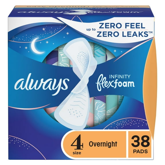 Always Infinity Feminine Pads, Size 4, Overnight, Wings, Unscented, 38 Count
