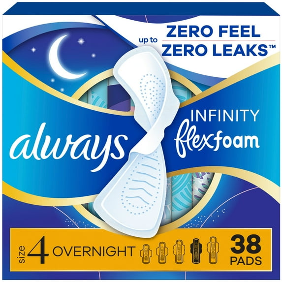 Always Infinity Feminine Pads, Size 4, Overnight, Wings, Unscented, 38 Count