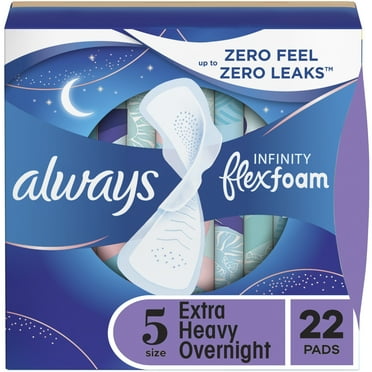 Always Infinity Feminine Pads with wings, Size 5, Extra Heavy Overnight Absorbency, Unscented, 22 Count