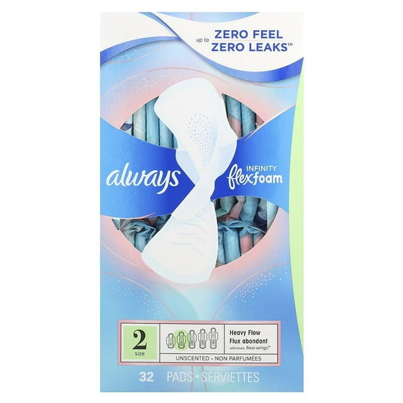 Always, Infinity Flex Foam with Flexi-Wings, Size 2, Heavy Flow, Unscented, 32 Pads Pack of 2