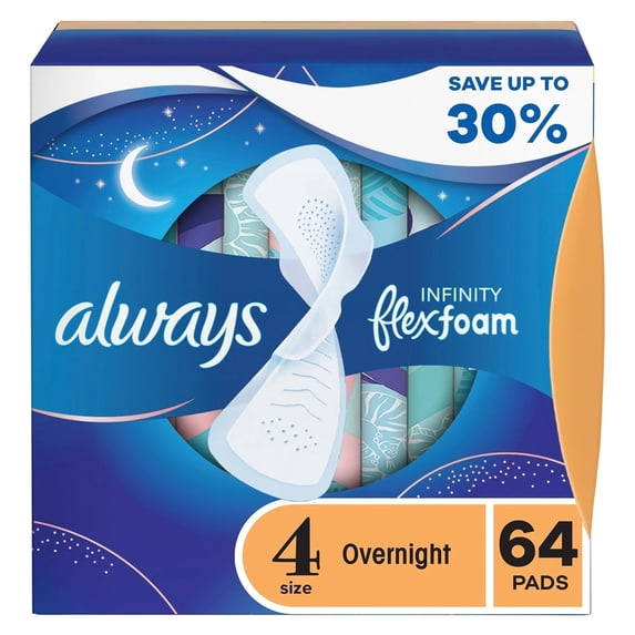 Always Infinity FlexFoam Overnight Pads with Wings Unscented Size 4 (64 Count)