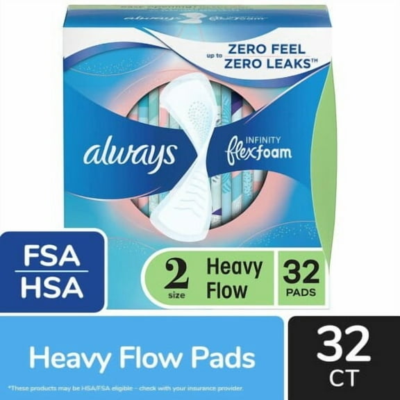Always Infinity Size 2 FlexFoam Heavy Flow Unscented Pads 32 count - Pack of 2