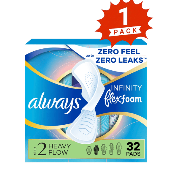 Always Infinity Size 2 Heavy Flow Pads with FlexFoam & Wings, 32 Count (1-Pack)