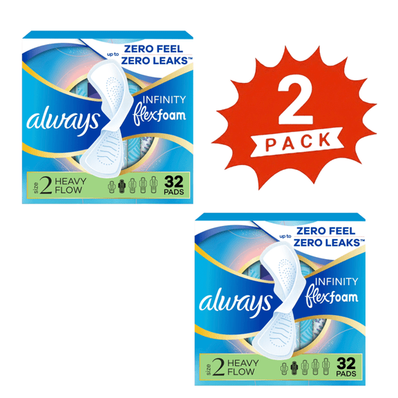 Always Infinity Size 2 Heavy Flow Pads with FlexFoam & Wings, 64 Count (2-Pack)