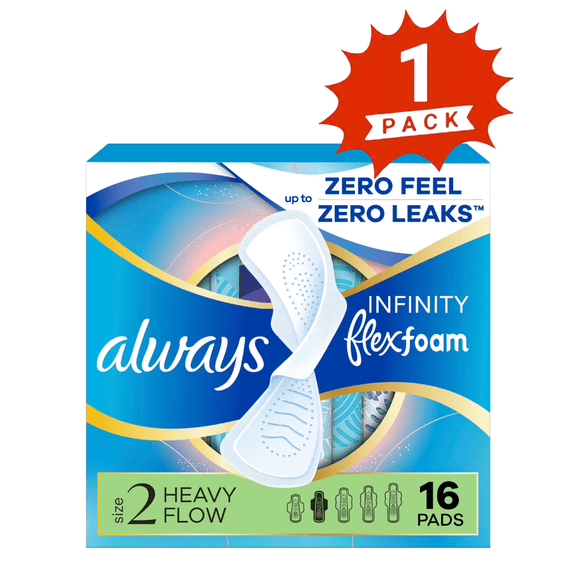 Always Infinity Size 2 Heavy Flow Pads with Wings, Unscented, 16 Count (1-Pack)