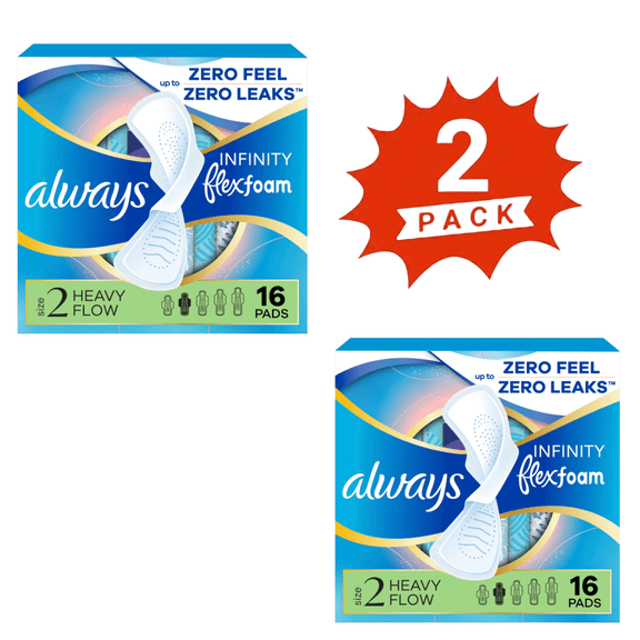 Always Infinity Size 2 Heavy Flow Pads with Wings, Unscented, 32 Count (2-Pack)