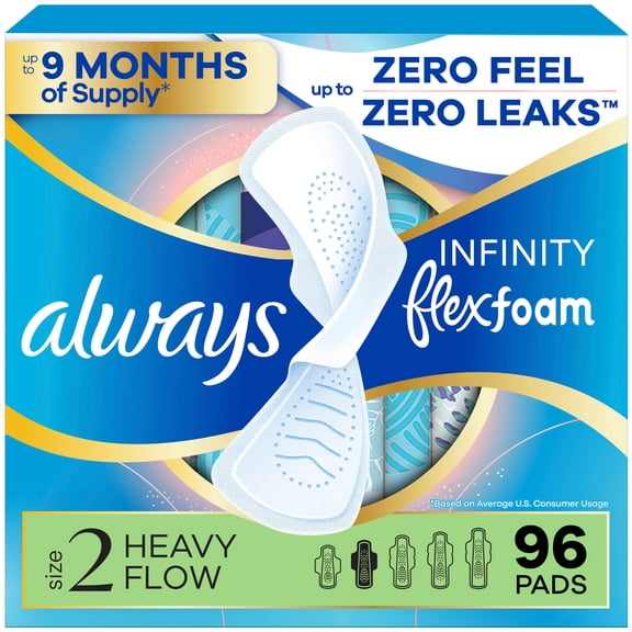 Always Infinity Feminine Pads for Women, Size 2 Regular, with Wings, Unscented, 96 Count