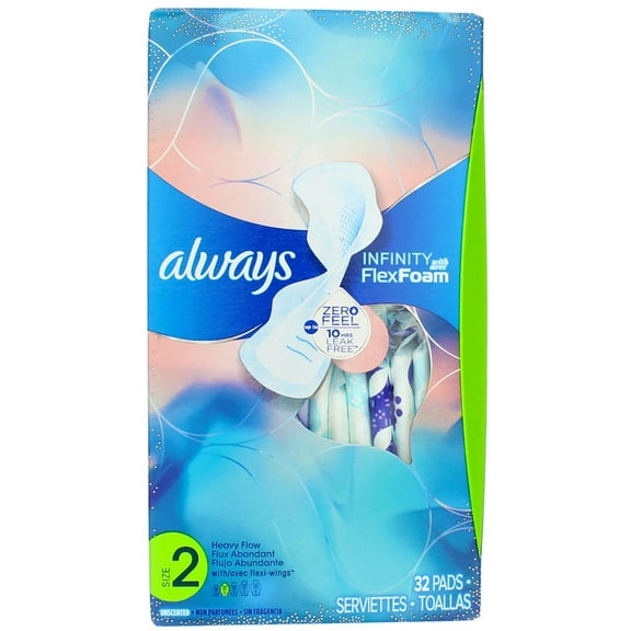 Always Infinity Unscented FlexFoam Pads With Wings For Heavy Flow, Size 2, 32 ea (Pack of 3)