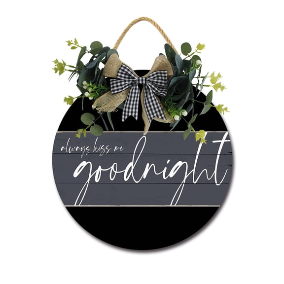 Always Kiss Me Goodnight Sign Farmhouse Wood Sign Front Porch Decor Rustic Wooden Sign Wall Decor Hanging Wooden Decorations with Bow-Knot for Home Porch Wall Door, 11 x 11 inch