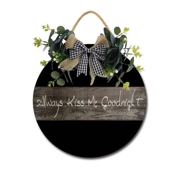Always Kiss Me Goodnight Sign Farmhouse Wood Sign Front Porch Decor Rustic Wooden Sign Wall Decor Hanging Wooden Decorations with Bow-Knot for Home Porch Wall Door, 11 x 11 inch