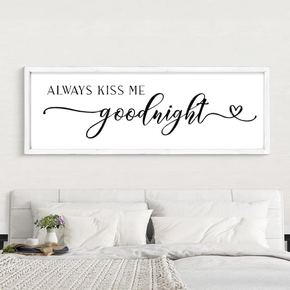 42x15 inch Always Kiss Me Goodnight Wall Sign, White Solid Wood Framed Bedroom Decor Above Bed, Couples Love Theme Large Wall Art for Home