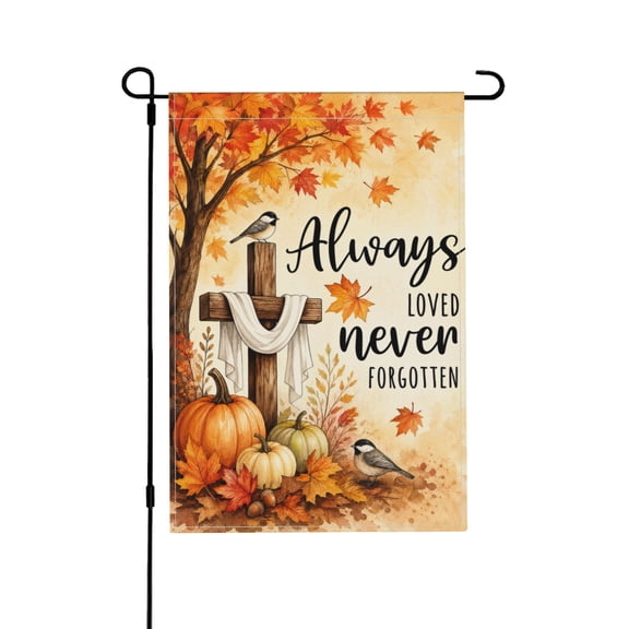 Always Loved Never Forgotten Autumn Memorial Garden Flag With Cross Maple Leaves Pumpkin And Cardinal For Cemetery Yard Decor 12x18 in