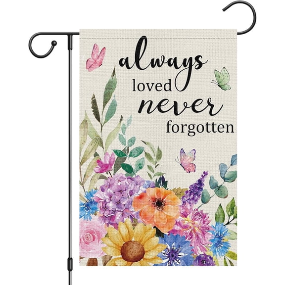 Always Loved Never Forgotten Memorial Garden Flag 12x18 Double Sided Burlap, Spring Summer Butterfly Flower Yard Banner for Rustic Seasonal Outside Outdoor Cemetery Decoration (ONLY FLAG)