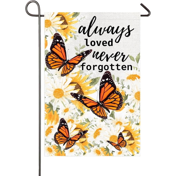 Always Loved Never Forgotten Memorial Garden Flag 12x18 Inch Double Sided Flowers Butterflies Memorial Flags for Graves Gravesite Cemetery Decorations