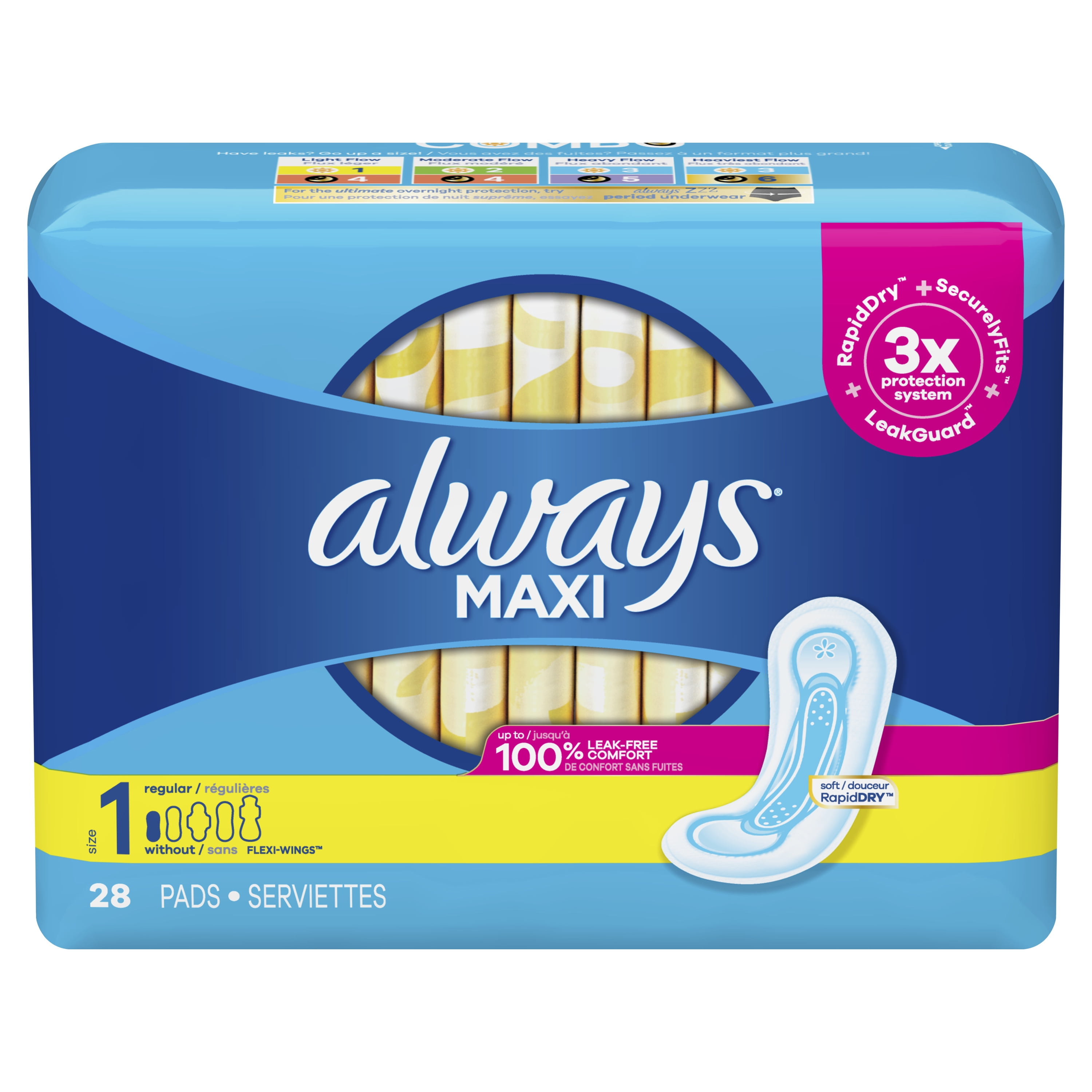 Always Maxi Daytime Pads Without Wings, Size 1, Regular, Unscented, 28 CT 