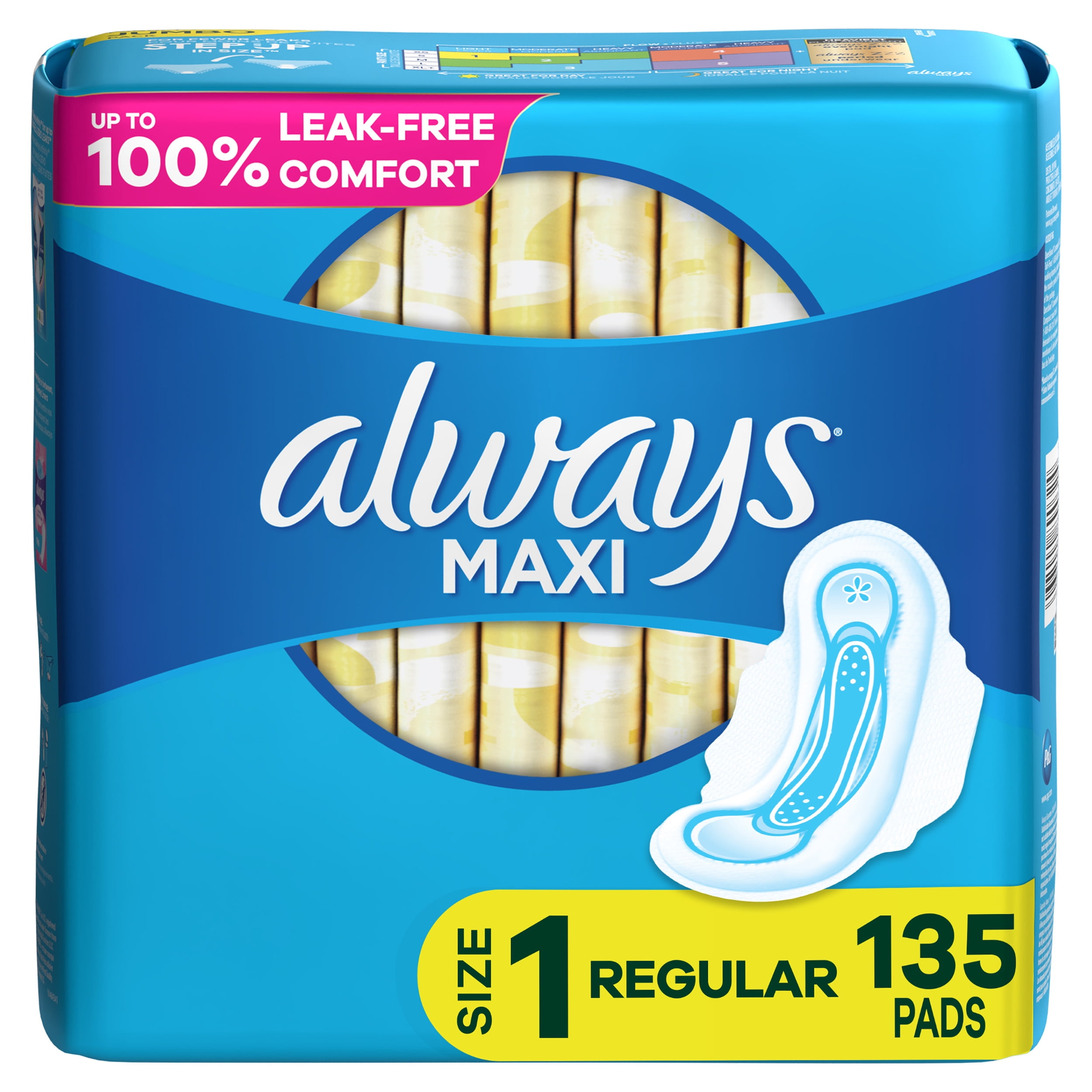Always Maxi Daytime Pads with Wings, Size 1, Regular, Unscented, 135 Ct
