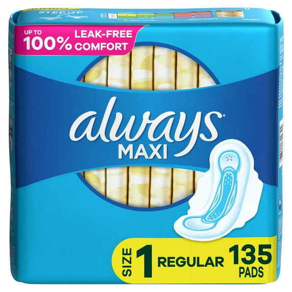 Always Maxi Daytime Pads with Wings, Size 1, Regular, Unscented, 135 Ct