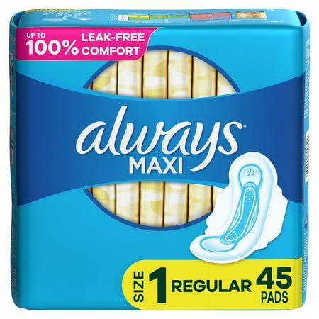 Always Maxi Regular Absorbency Pads with Wings Unscented, Size 1, 45 Ct